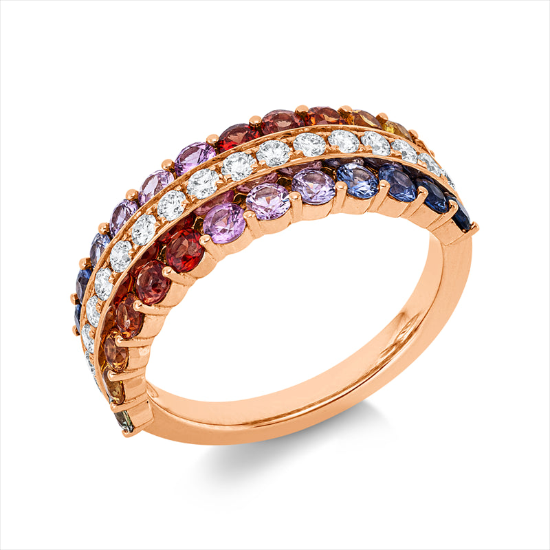 Ring 18 kt RG, 17 Brill. 0,35 ct, TW-si, 26 Saphire 1,58 ct multicolor