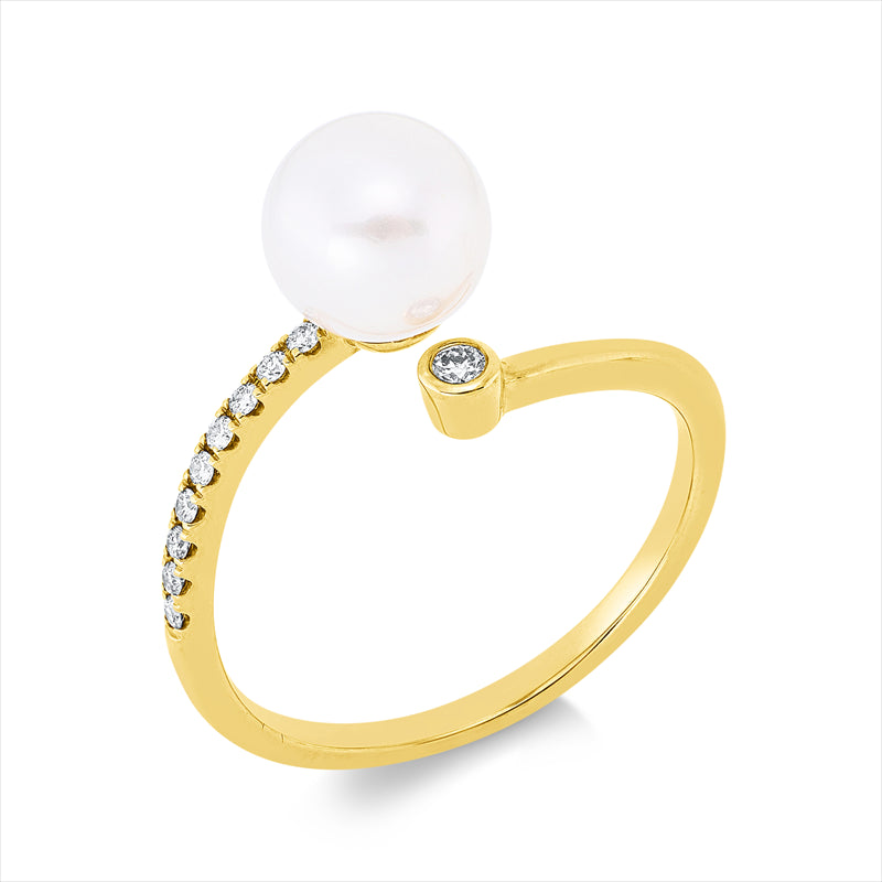 Ring 18 kt GG, 1 Brill. 0,03 ct, TW-pi, 9 Brill. 0,06 ct, TW-pi, 1 SW weiß 7 mm