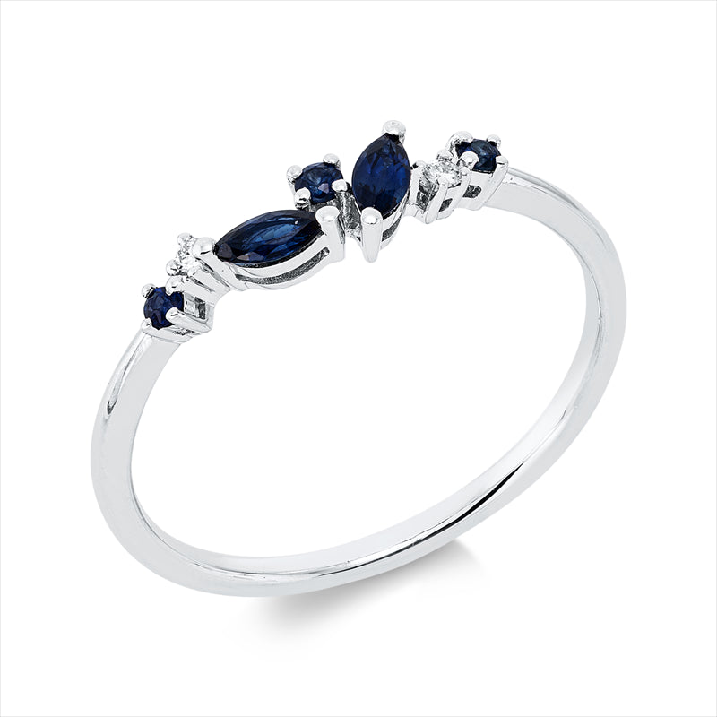 Ring 18 kt WG, 2 Brill. 0,02 ct, TW-pi, 2 Saphire 0,16 ct blau, 3 Saphire 0,06 ct blau