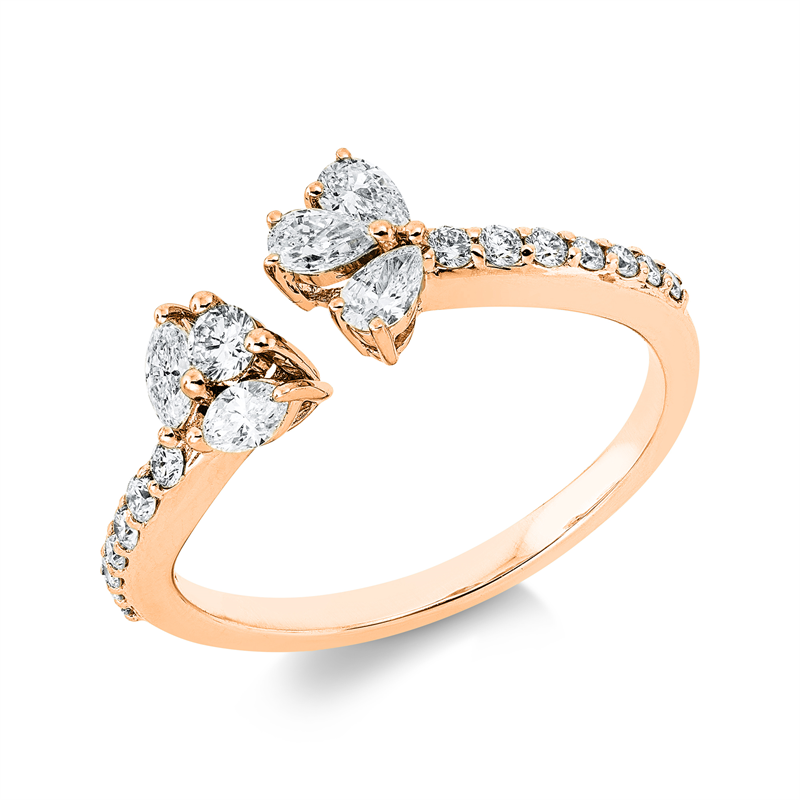 Ring 18 kt RG, 2 Nav. 0,14 ct, TW-vsi, 3 Tropfen 0,21 ct, TW-vsi, 15 Brill. 0,21 ct, TW-si