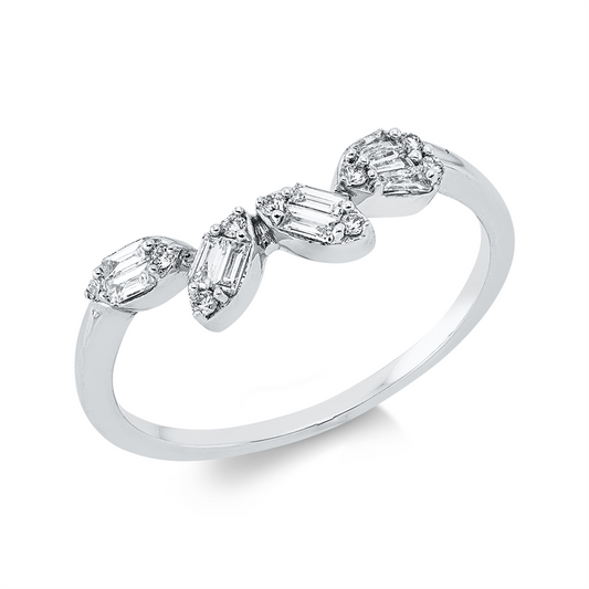 Ring 18 kt WG, 6 Bag. 0,10 ct, TW-vsi, 3 Trap. 0,04 ct, TW-vsi, 9 Brill. 0,05 ct, TW-si