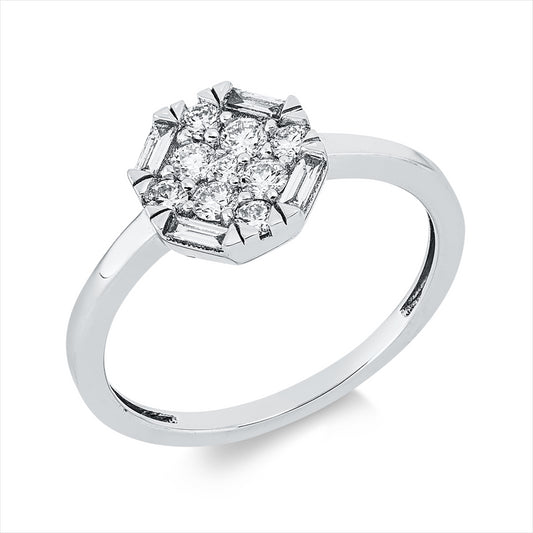 Ring 18 kt WG, 4 Bag. 0,09 ct, TW-vsi, 9 Brill. 0,29 ct, TW-si