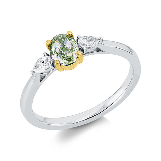 Ring 18 kt WG+GG, 2 Tropfen 0,15 ct, TW-vsi, 1 Oval 0,62 ct, grün