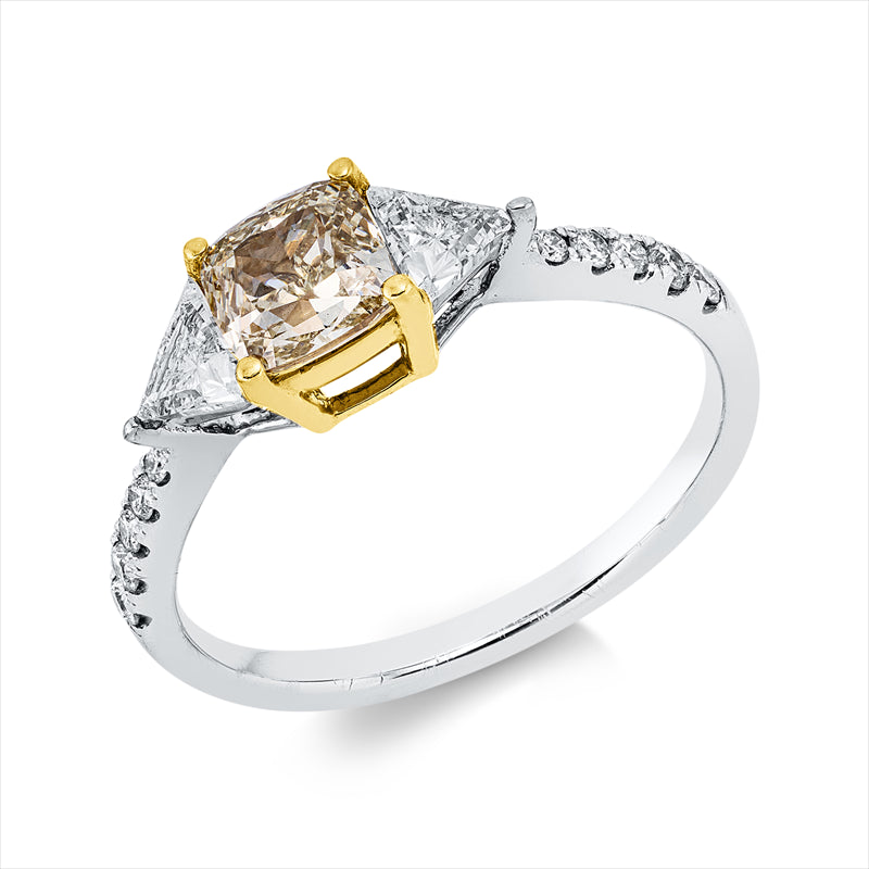 Ring 18 kt WG+GG, 2 Triangel 0,35 ct, TW-vsi, 10 Brill. 0,09 ct, TW-si, 1 Cushion 0,91 ct, gelb