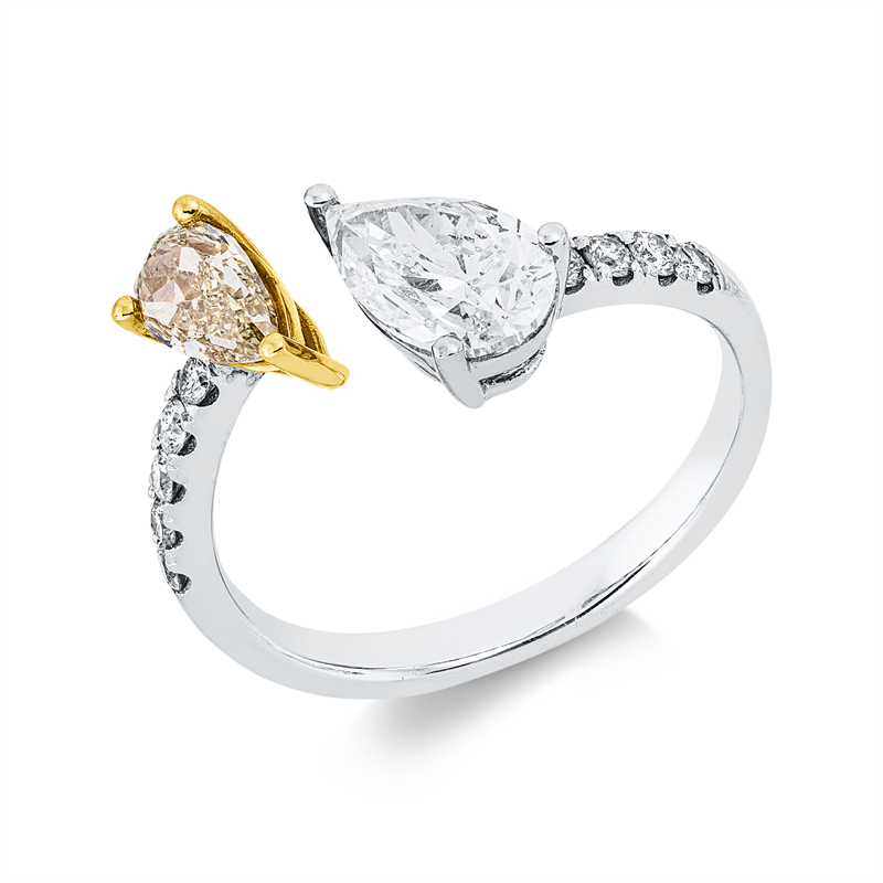 Ring 18 kt WG+GG, 1 Tropfen 1,00 ct, TW-vsi, 9 Brill. 0,18 ct, TW-si, 1 Tropfen 0,50 ct, gelb