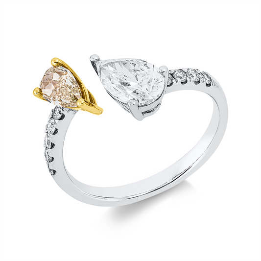 Ring 18 kt WG+GG, 1 Tropfen 1,00 ct, TW-vsi, 9 Brill. 0,18 ct, TW-si, 1 Tropfen 0,50 ct, gelb