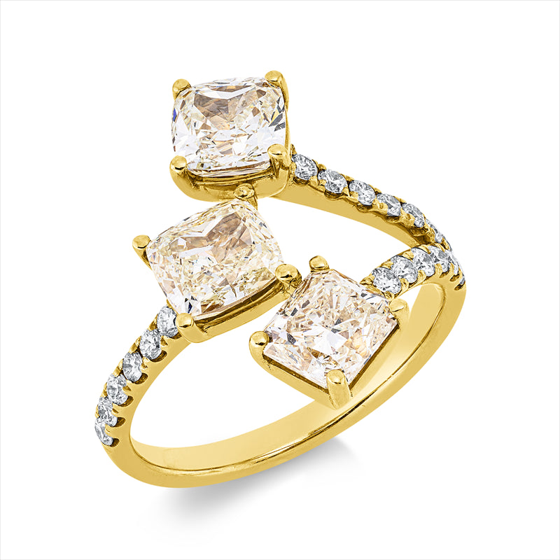 Ring 18 kt GG, 20 Brill. 0,35 ct, TW-si, 3 Cushion 3,13 ct, gelb