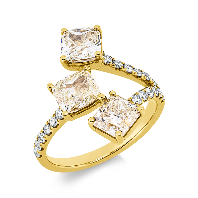 Ring 18 kt GG, 20 Brill. 0,35 ct, TW-si, 3 Cushion 3,13 ct, gelb