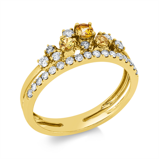 Ring 14 kt GG, 24 Brill. 0,35 ct, W-si/pi, 1 Saphir 0,13 ct gelb, 2 Saphire 0,16 ct gelb