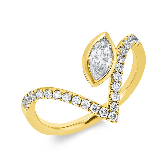 Ring 14 kt GG, 1 Nav. 0,38 ct, W-si, 23 Brill. 0,26 ct, W-si/pi