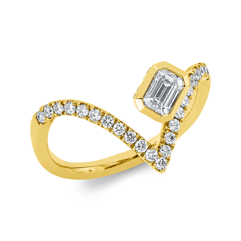 Ring 14 kt GG, 1 Sm.schliff 0,40 ct, W-si, 23 Brill. 0,26 ct, W-si/pi