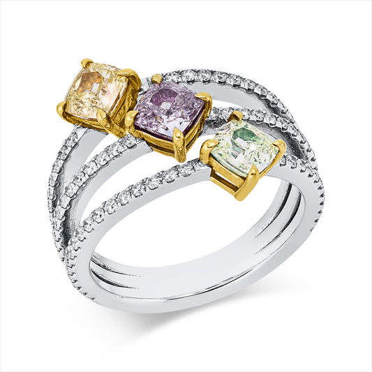 Ring 18kt WG+GG+RG,GIA, 1 Cu 0,57ct,pink, 1 Cu 0,60ct,gelb, 1 Cu 0,50ct,grün, 86 Br.0,50ct, D-F-si