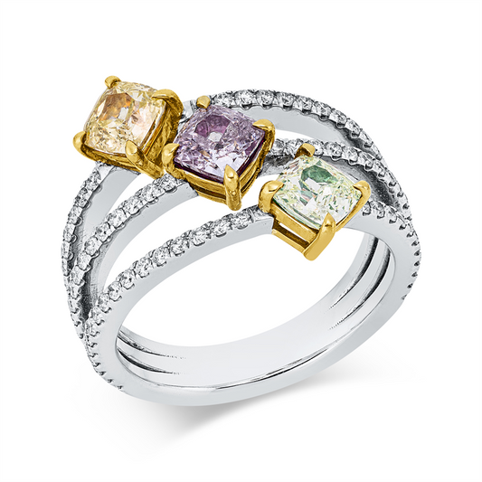 Ring 18kt WG+GG+RG,GIA, 1 Cu 0,57ct,pink, 1 Cu 0,60ct,gelb, 1 Cu 0,50ct,grün, 86 Br.0,50ct, D/F-si