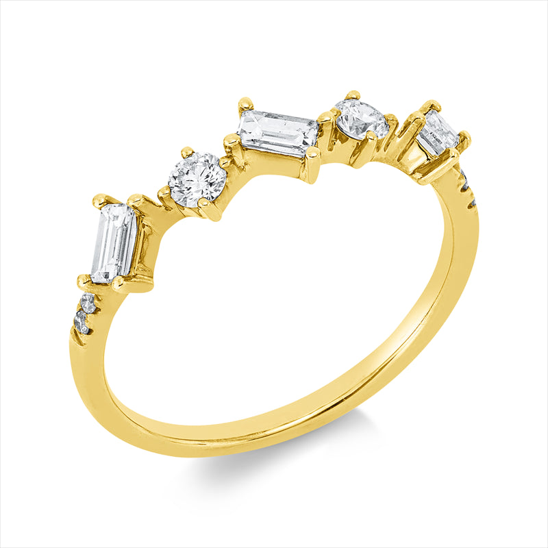 Ring 14 kt GG, 2 Brill. 0,15 ct, W-si/pi, 3 Bag. 0,28 ct, W-si/pi, 4 Brill. 0,03 ct, W-si/pi