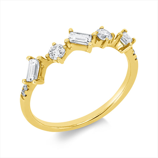 Ring 14 kt GG, 2 Brill. 0,15 ct, W-si/pi, 3 Bag. 0,28 ct, W-si/pi, 4 Brill. 0,03 ct, W-si/pi