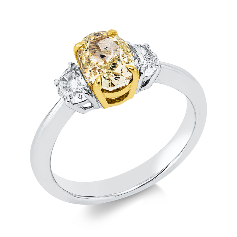 Ring 18 kt WG+GG, GIA 2156699490, 1 Oval 1,52 ct, gelb-i1, 2 Halbmond 0,51 ct, TW-vvs/vs