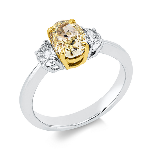 Ring 18 kt WG+GG, GIA 2156699490, 1 Oval 1,52 ct, gelb-i1, 2 Halbmond 0,51 ct, TW-vvs/vs