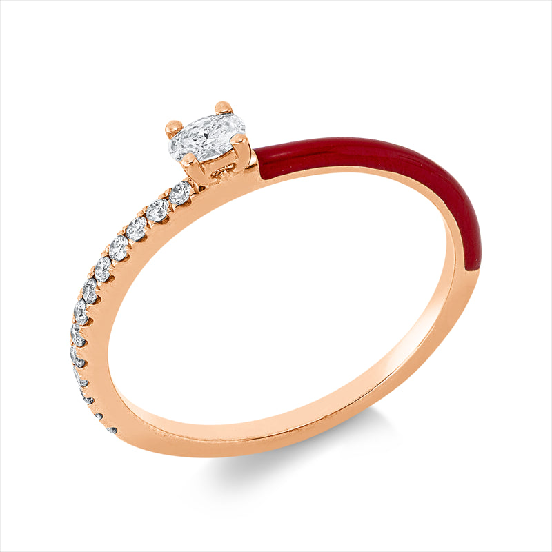 Ring 18 kt RG, 1 Oval 0,08 ct, TW-si, 13 Brill. 0,09 ct, TW-si, 1 Emaille 0,05 ct rot