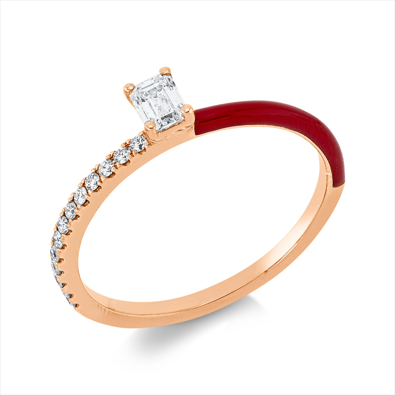 Ring 18 kt RG, 1 Sm.schliff 0,23 ct, TW-si, 13 Brill. 0,09 ct, TW-si, 1 Emaille 0,05 ct rot