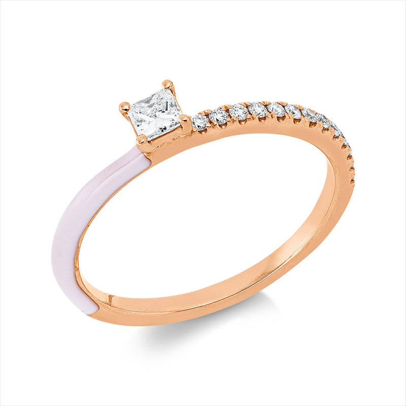 Ring 18 kt RG, 1 Princ. 0,12 ct, TW-si, 13 Brill. 0,09 ct, TW-si, 1 Emaille 0,05 ct weiß
