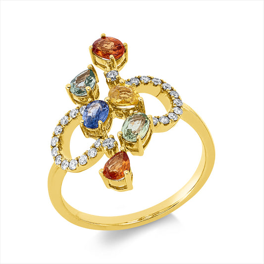 Ring 18 kt GG, 2 Brill. 0,03 ct, 24 Brill. 0,17 ct, TW-si, 3 Saphire 0,63 ct multicolor, 3 Saphire 0,50 ct