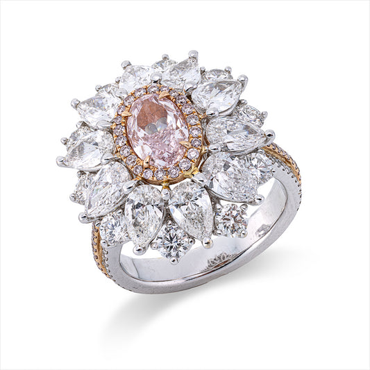 Ring 18 kt, 10 Tropfen 2,66ct, TW-si, 74 Brill. 1,36 ct, TW-si, 1 Oval 1,10 ct, pink, 52 Brill.0,27 ct, pink