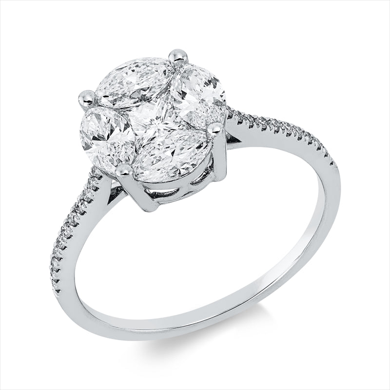 Ring 18 kt WG, 4 Nav. 0,92 ct, TW-si, 1 Princ. 0,25 ct, TW-si, 22 Brill. 0,08 ct, TW-si