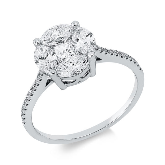 Ring 18 kt WG, 4 Nav. 0,92 ct, TW-si, 1 Princ. 0,25 ct, TW-si, 22 Brill. 0,08 ct, TW-si