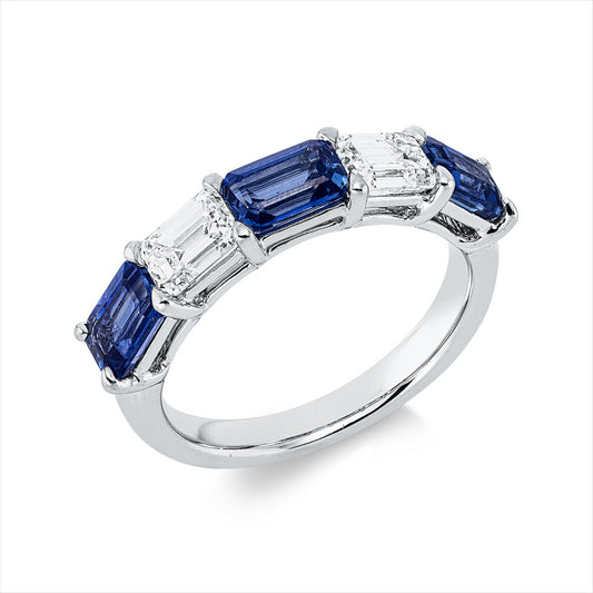 Ring 18 kt WG, 2 Sm.schliff 1,03 ct, TW-vsi, 3 Saphire 2,21 ct blau