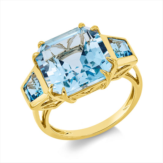 Ring 18 kt GG, 1 Topas 10,70 ct sky blue, 2 Topase 1,00 ct blau