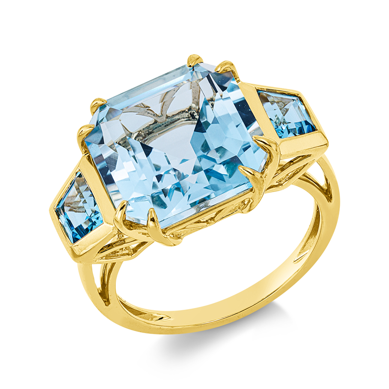 Ring 18 kt GG, 1 Topas 10,70 ct blau, 2 Topase 1,00 ct blau