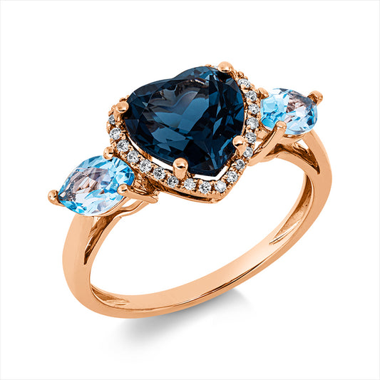 Ring 18 kt RG, 26 Brill. 0,10 ct, TW-si, 1 Topas 2,50 ct Lond. blue, 2 Topase 1,00 ct blau