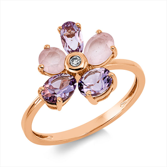 Ring 18 kt RG, 1 Brill. 0,03 ct, TW-si, 3 Amethyste 1,10 ct pink, 2 Rosenquarz 0,70 ct rosé