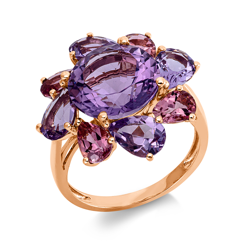 Ring 18 kt RG, 4 Amethyste 2,50 ct pink, 1 Amethyst 4,90 ct pink, 4 Turmalin 1,60 ct pink