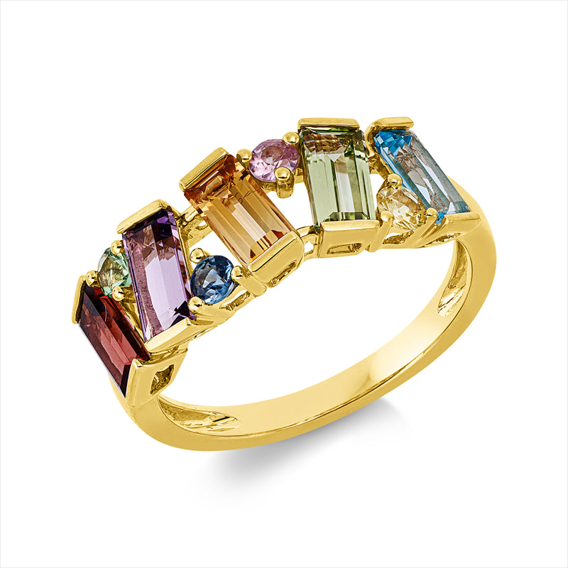 Ring 18 kt GG, 1 Tsavorith 0,09 ct grün, 5 Farbsteine 2,00 ct multicolor, 3 Saphire 0,27 ct multicolor