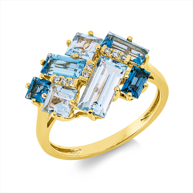 Ring 18 kt GG, 8 Brill. 0,05 ct, TW-si, 7 Topase 3,20ct multi blau