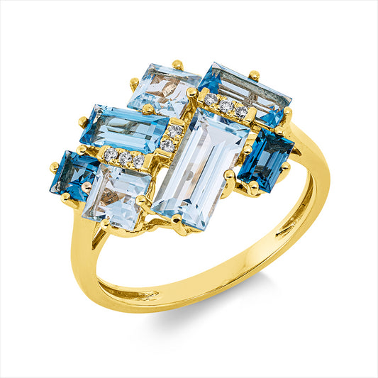 Ring 18 kt GG, 8 Brill. 0,05 ct, TW-si, 7 Topase 3,20ct multi blau