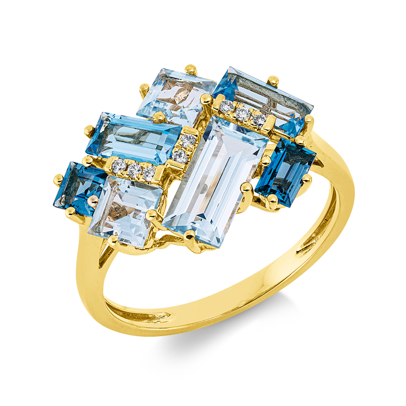Ring 18 kt GG, 8 Brill. 0,05 ct, TW-si, 7 Topase 3,30 ct multi- blue