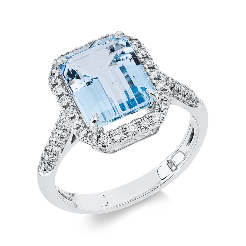 Ring 18 kt WG, 39 Brill. 0,31 ct, TW-si, 1 Aquamarin 3,00 ct blau