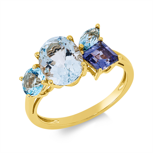 Ring 18 kt GG, 1 Aquamarin 1,80 ct blau, 1 Topas 0,30 ct blau, 1 Topas 0,60 ct blau, 1 Tansanit 0,70 ct blau