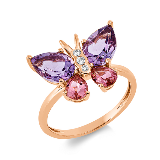 Ring 18 kt RG, 3 Brill. 0,05 ct, TW-si, 2 Amethyste 2,10 ct pink, 2 Turmalin 0,80 ct pink