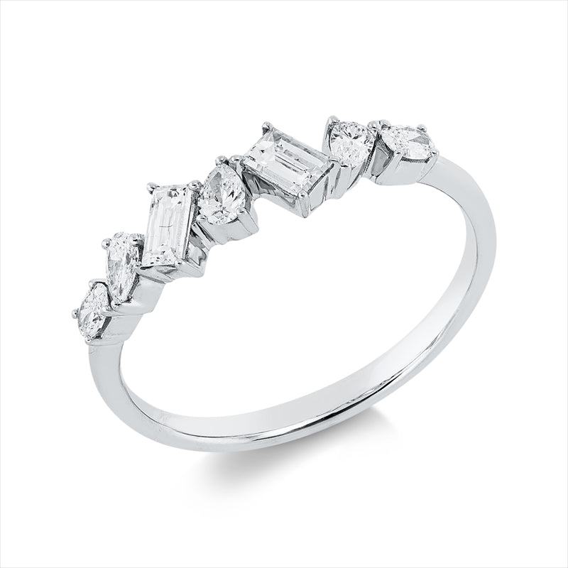 Ring 18 kt WG, 2 Oval 0,08 ct, TW-vsi, 3 Tropfen 0,15 ct, TW-vsi, 2 Bag. 0,26 ct, TW-vsi