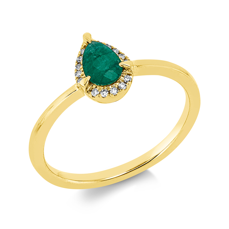 Ring 18 kt GG, 15 Dia. 0,04 ct, TW-si, 1 Smaragd 0,30 ct grün