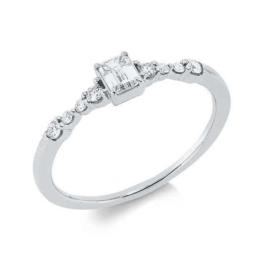 Ring 18 kt WG, 4 Brill. 0,09 ct, TW-si, 1 Sm.schliff 0,20 ct, TW-si, 4 Brill. 0,04 ct, TW-si