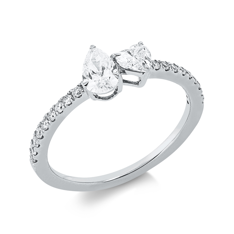 Ring 18 kt WG, 1 Herzschl. 0,19 ct, TW-si, 1 Tropfen 0,30 ct, TW-si, 18 Brill. 0,16 ct, TW-si