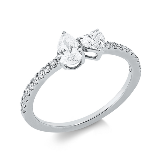 Ring 18 kt WG, 1 Herzschl. 0,19 ct, TW-si, 1 Tropfen 0,30 ct, TW-si, 18 Brill. 0,16 ct, TW-si