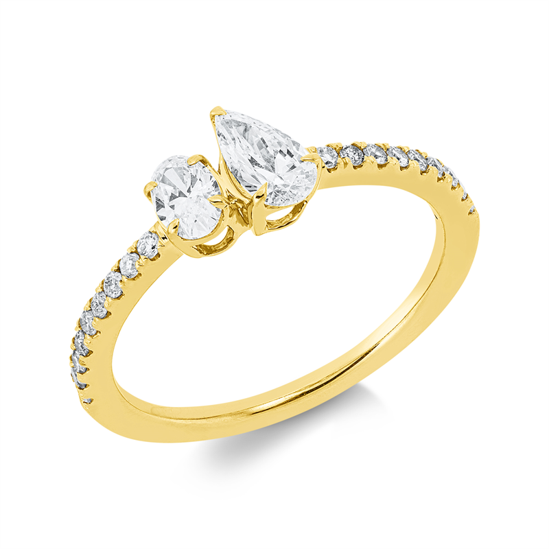 Ring 18 kt GG, 1 Oval 0,19 ct, TW-si, 1 Tropfen 0,28 ct, TW-si, 18 Brill. 0,16 ct, TW-si