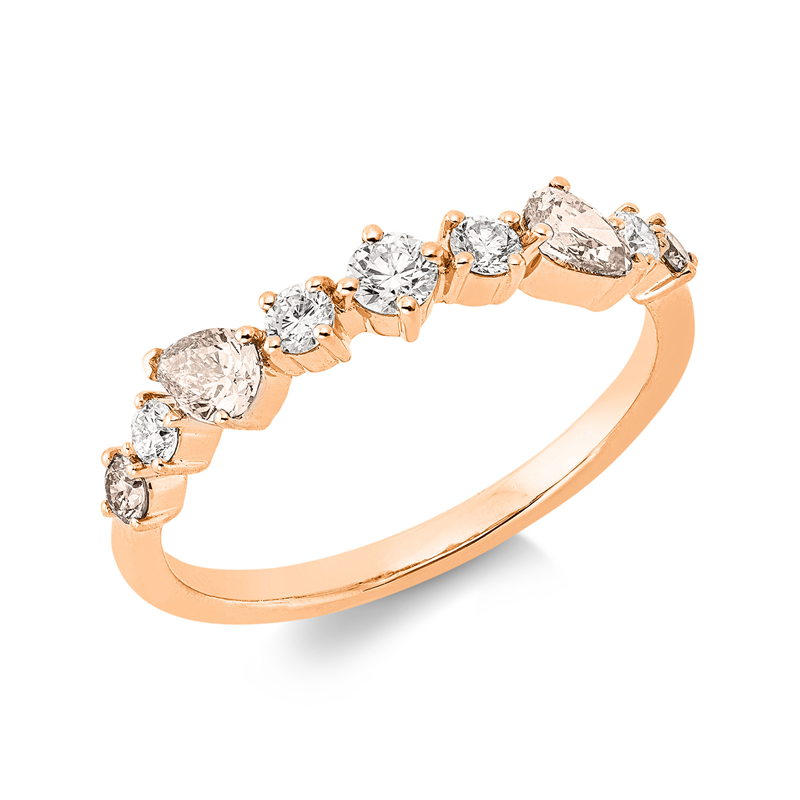 Ring 18 kt RG, 5 Brill. 0,25 ct, TW-si, 2 Tropfen 0,26 ct, braun, 2 Brill. 0,08 ct, braun