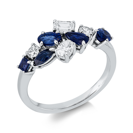 Ring 18 kt WG, 2 Fant-Schl. 0,36 ct, TW-si, 2 Brill. 0,18 ct, TW-si, 5 Saphire 1,15 ct blau