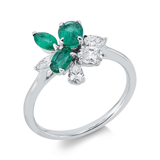 Ring 18 kt WG, 2 Tropfen 0,20 ct, TW-si, 1 Oval 0,20 ct, TW-si, 1 Nav. 0,08 ct, TW-si, 3 Smaragde 0,93 ct grün